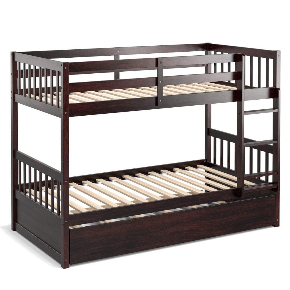 KOMFOTT Wood Bunk Bed with Trundle Twin Over Twin, Convertible Bed Frame with Ladder, Solid Wood Frame & Safety Guardrails