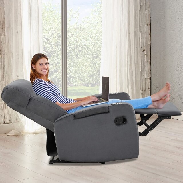Komfott Manual Fabric Recliner Chair, Backrest Adjustable Reading Reclining Chair with 2 Cup Holders and Armrest Hidden Storage