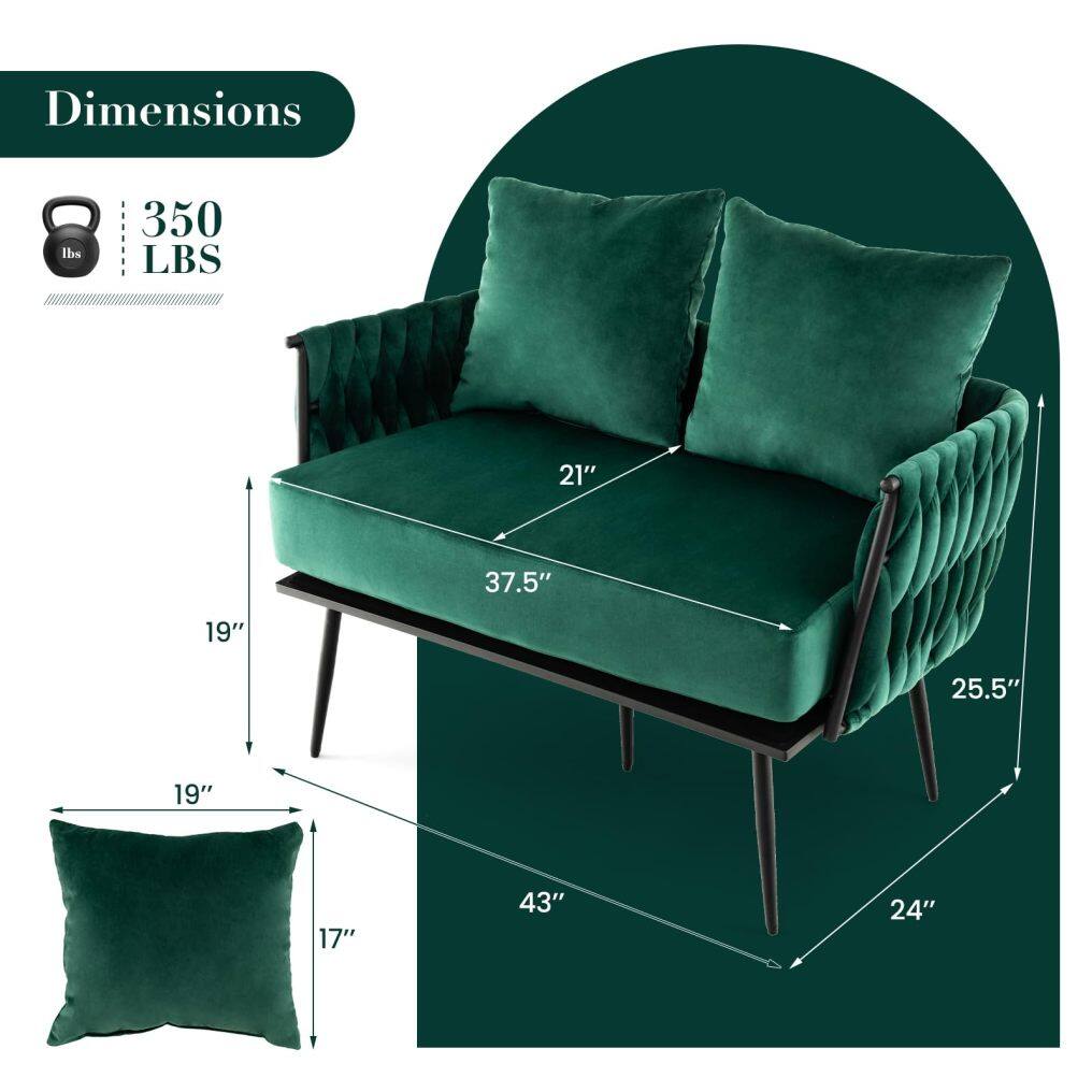 KOMFOTT 43” Loveseat Sofa, Modern Upholstered 2-Seat Sofa with 2 Back Pillows, Woven Backrest & Armrest