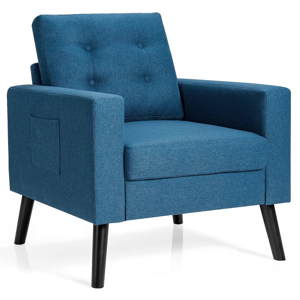 Linen Fabric Armchairs with Side Pockets and Wood Legs | Modern Accent Chair