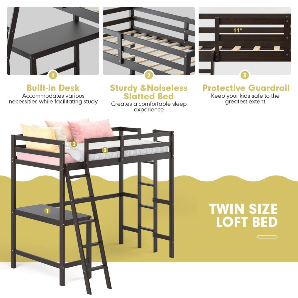 KOMFOTT Twin Loft Bed with Desk, Solid Wood Loft Bed Frame with 2 Ladders, Safety Guardrail for Teenagers and Adults