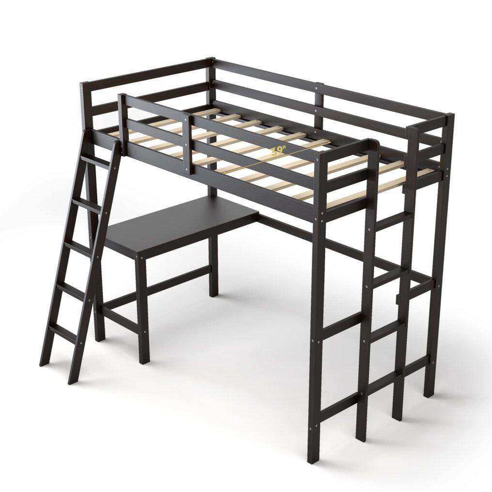 KOMFOTT Twin Loft Bed with Desk, Solid Wood Loft Bed Frame with 2 Ladders, Safety Guardrail for Teenagers and Adults