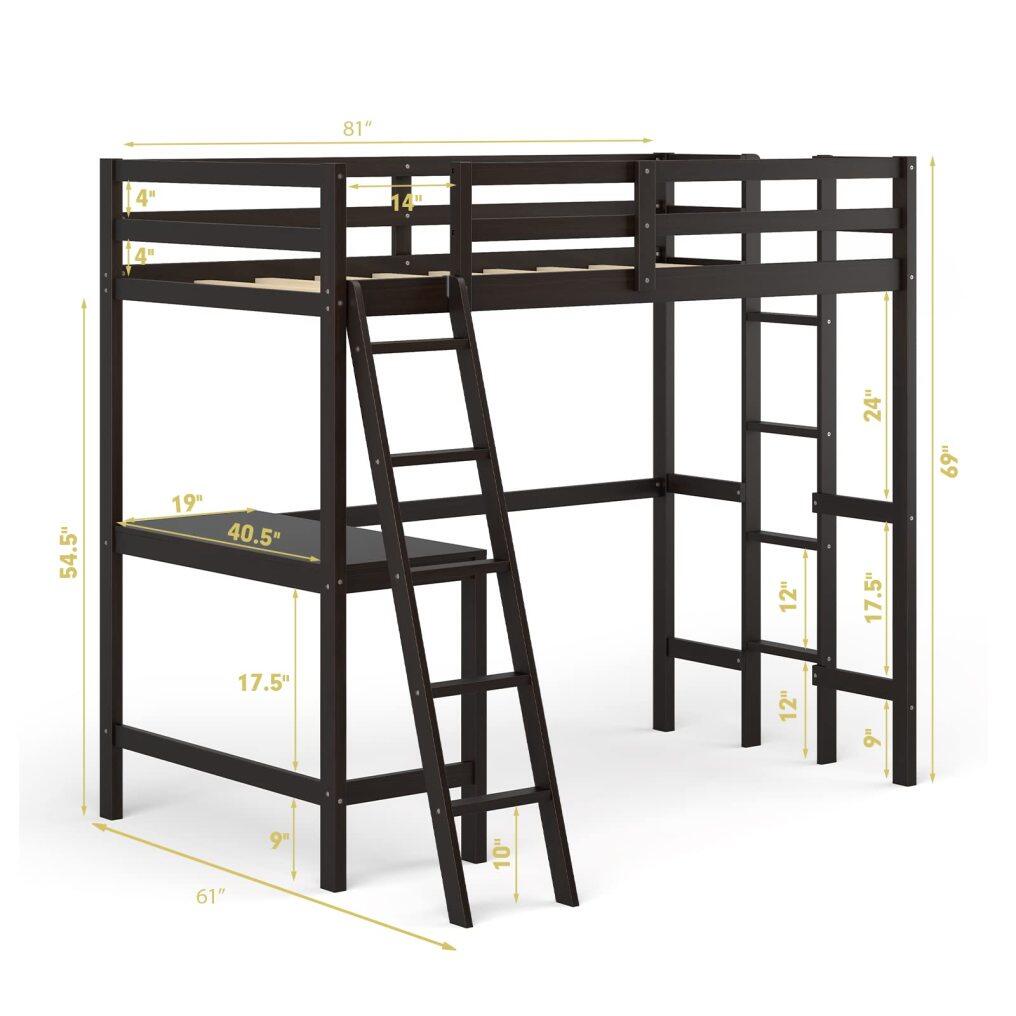 KOMFOTT Twin Loft Bed with Desk, Solid Wood Loft Bed Frame with 2 Ladders, Safety Guardrail for Teenagers and Adults