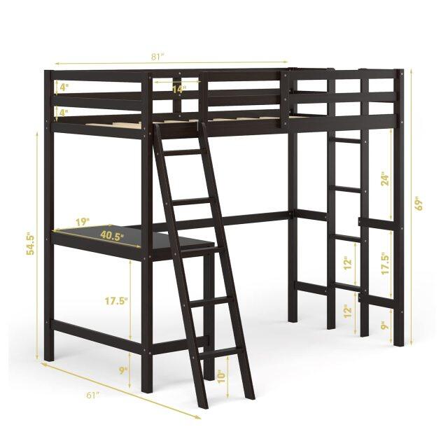 KOMFOTT Twin Loft Bed with Desk, Solid Wood Loft Bed Frame with 2 Ladders, Safety Guardrail for Teenagers and Adults