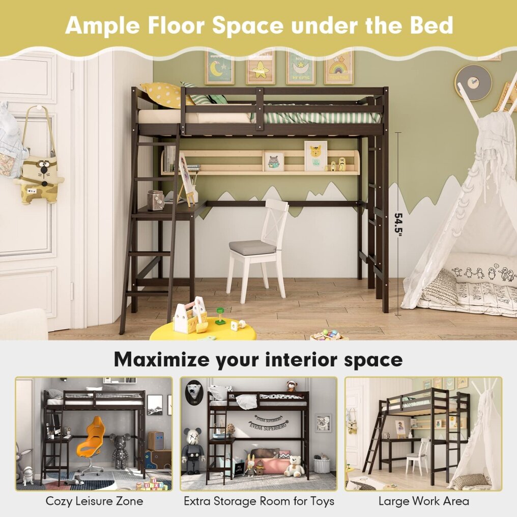 KOMFOTT Twin Loft Bed with Desk, Solid Wood Loft Bed Frame with 2 Ladders, Safety Guardrail for Teenagers and Adults