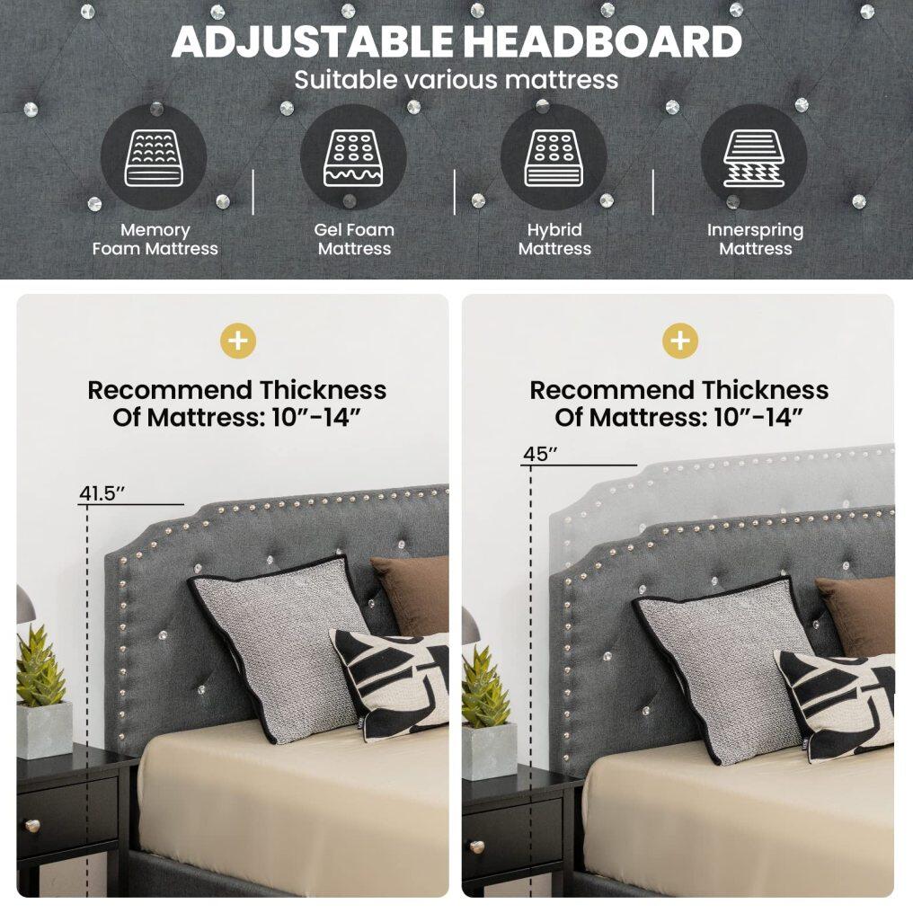 Upholstered Bed Frame w/ Adjustable Headboard