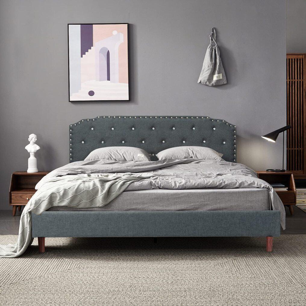 Upholstered Bed Frame w/ Adjustable Headboard