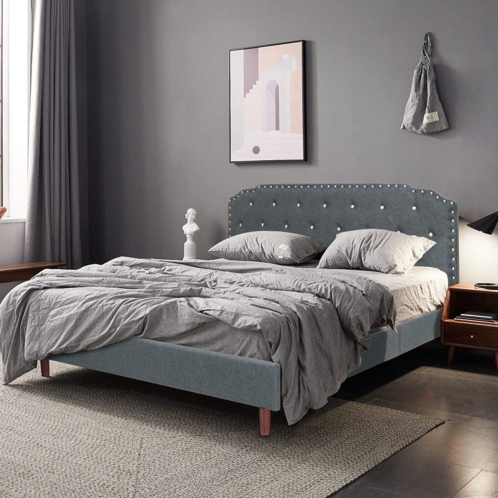 Upholstered Bed Frame w/ Adjustable Headboard