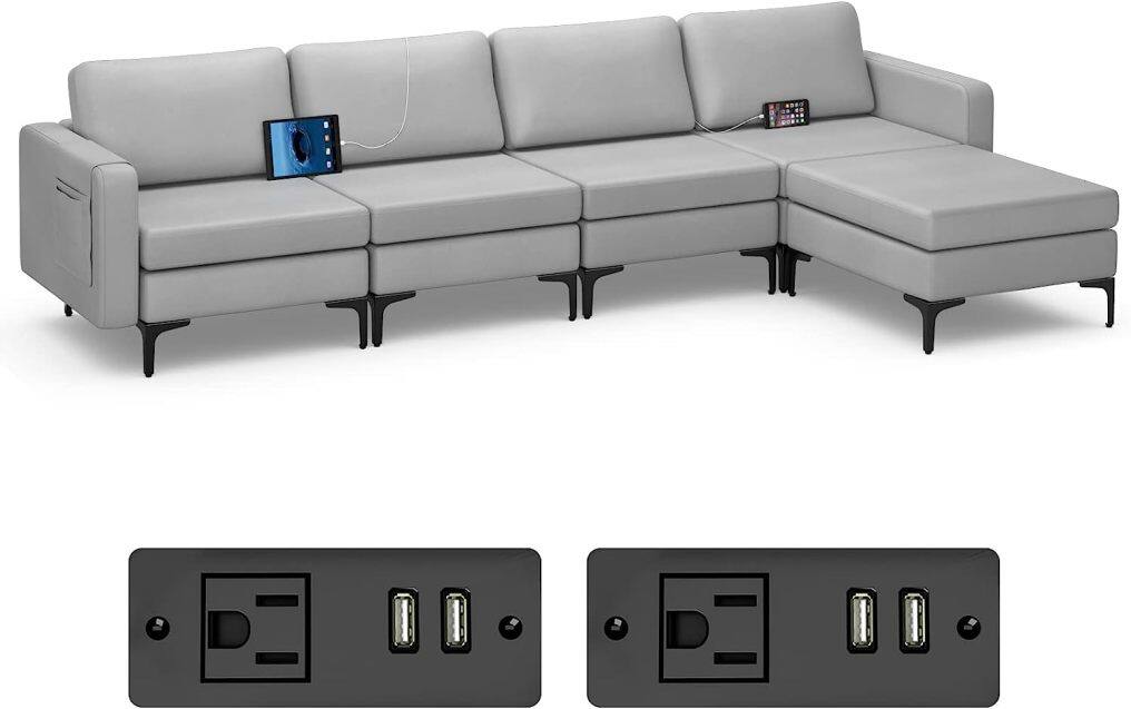 Modern Oversized Modular Sectional Sofa, 4-Seat Fabric Chaise Lounge Sleeper with Built-in Sockets & USB Ports