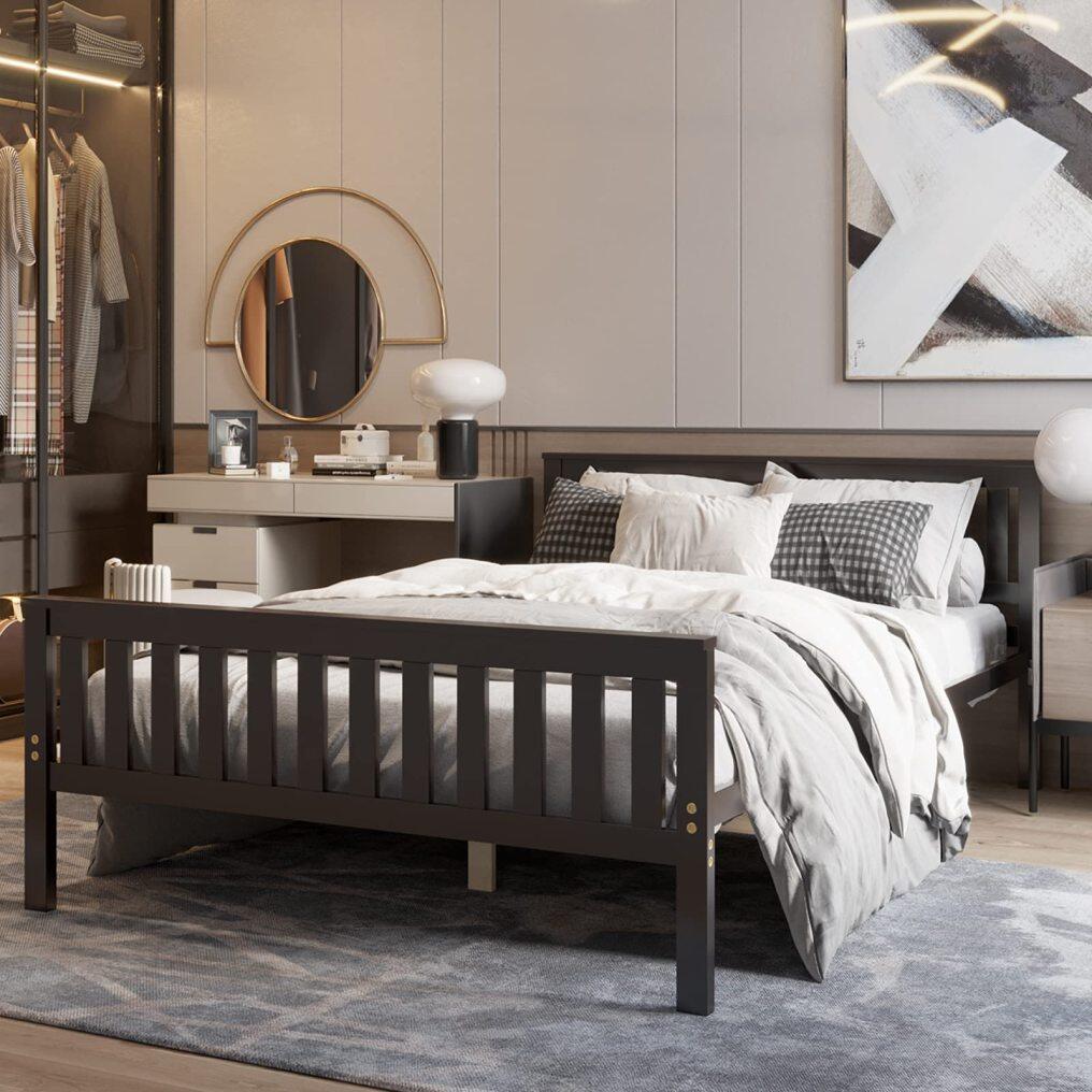 Full/Queen/Twin Bed Frame, Wood Platform Bed with Headboard, 12 Inch