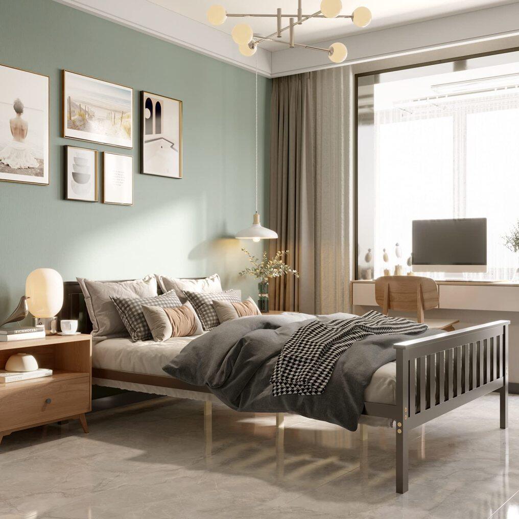 Full/Queen/Twin Bed Frame, Wood Platform Bed with Headboard, 12 Inch