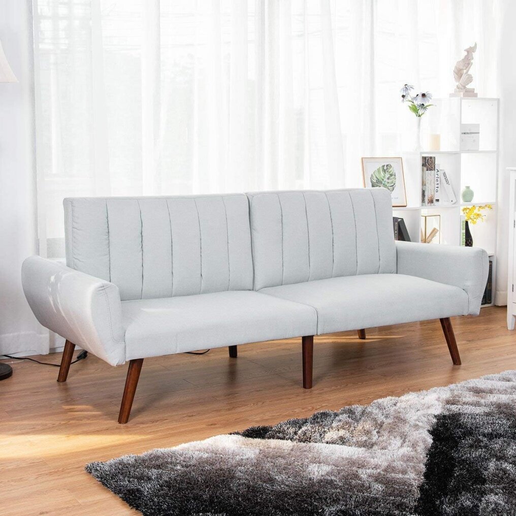 Premium Linen Futon  Folding Sofa Bed Couch w/ 5 Position Recline Angles