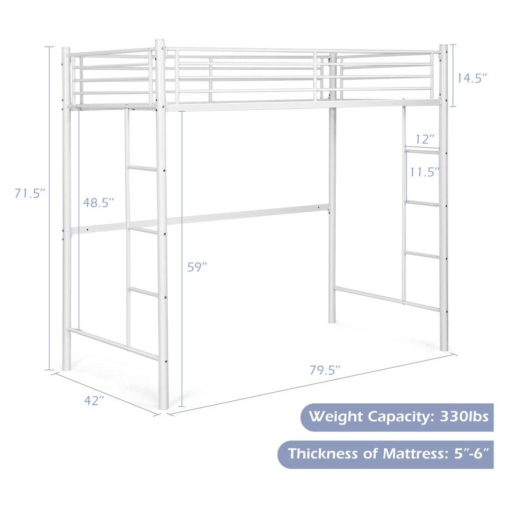KOMFOTT Metal Loft Bed Frame Twin Size, Heavy-duty Steel Slats Support Loft Bed with Both Side Ladders & Guardrails
