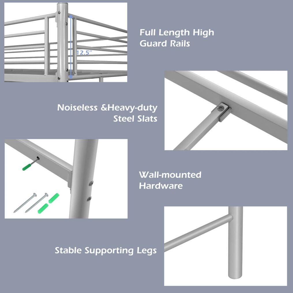 KOMFOTT Metal Loft Bed Frame Twin Size, Heavy-duty Steel Slats Support Loft Bed with Both Side Ladders & Guardrails