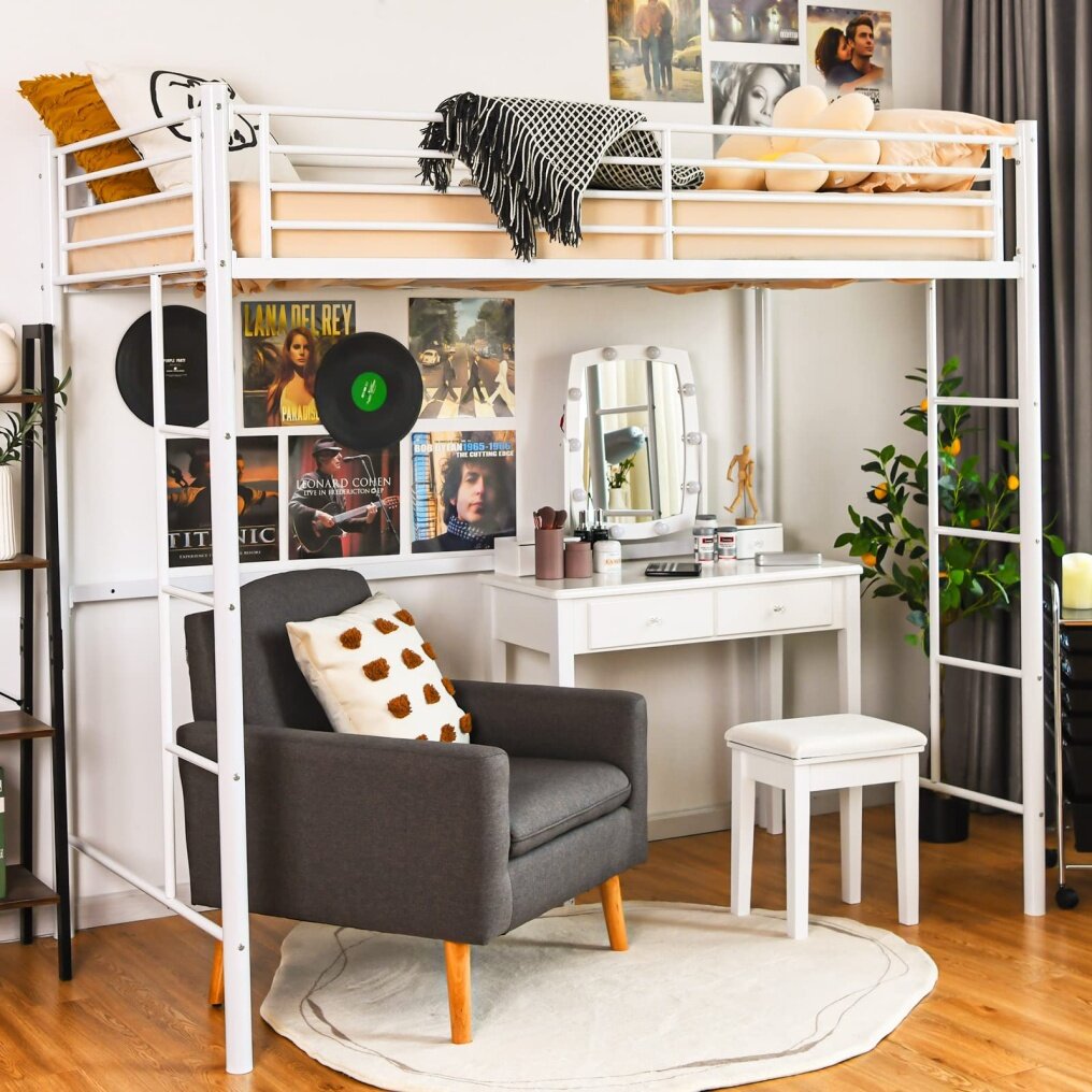 KOMFOTT Metal Loft Bed Frame Twin Size, Heavy-duty Steel Slats Support Loft Bed with Both Side Ladders & Guardrails