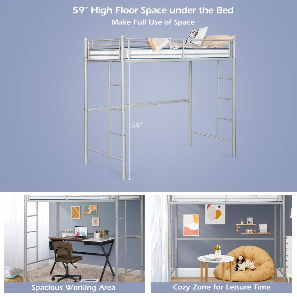 KOMFOTT Metal Loft Bed Frame Twin Size, Heavy-duty Steel Slats Support Loft Bed with Both Side Ladders & Guardrails