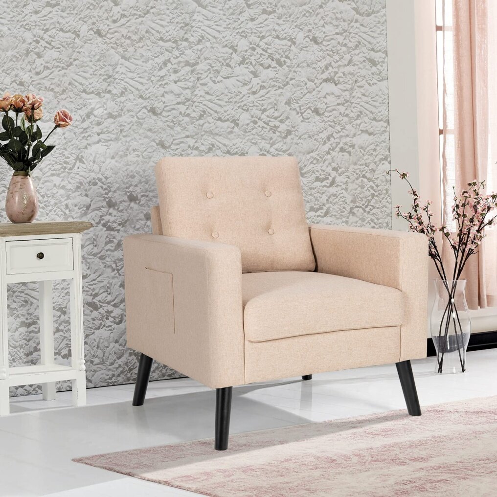 Linen Fabric Armchairs with Side Pockets and Wood Legs | Modern Accent Chair