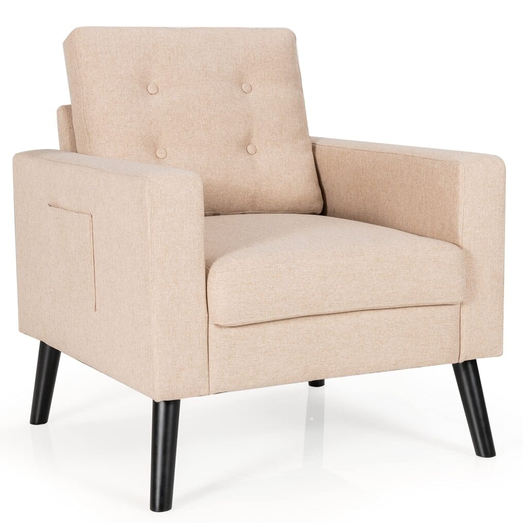 Linen Fabric Armchairs with Side Pockets and Wood Legs | Modern Accent Chair