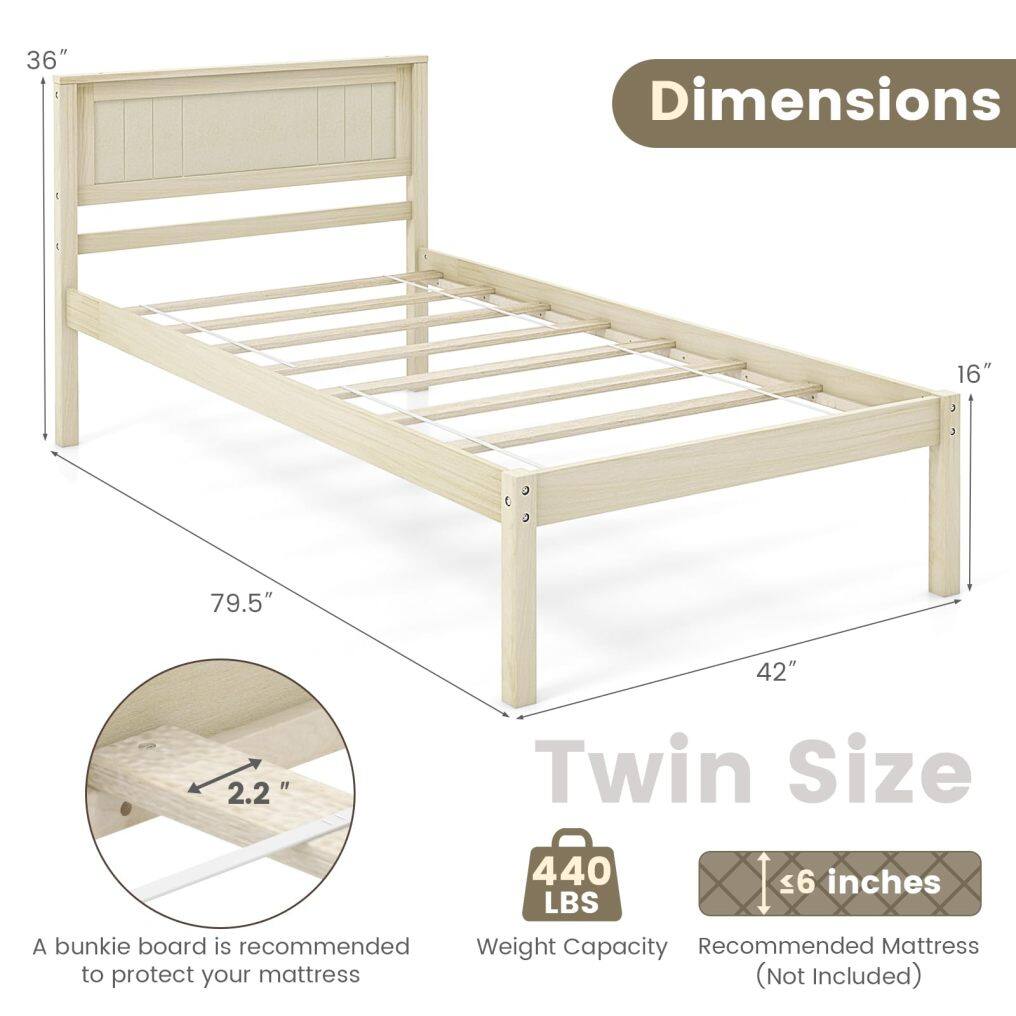 KOMFOTT Wood Platform Bed Frame with Headboard, Solid Wood Bed Frame with Slat Support