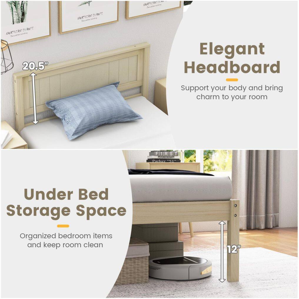 KOMFOTT Wood Platform Bed Frame with Headboard, Solid Wood Bed Frame with Slat Support