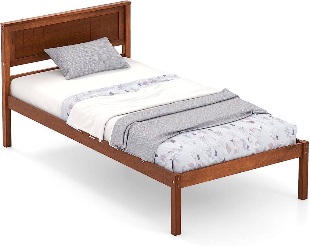 KOMFOTT Wood Platform Bed Frame with Headboard, Solid Wood Bed Frame with Slat Support