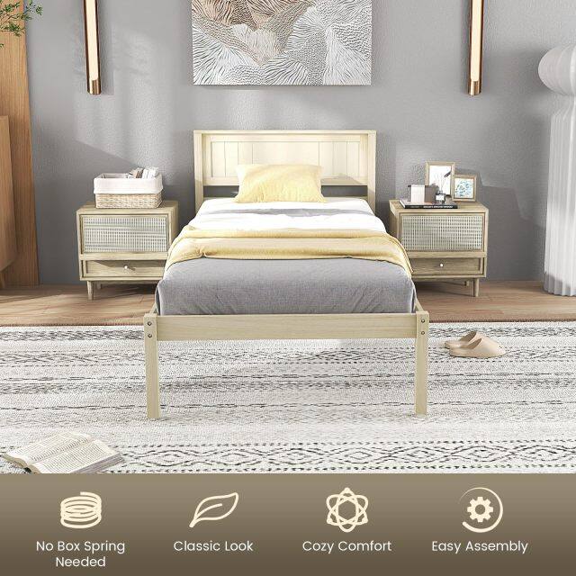 KOMFOTT Wood Platform Bed Frame with Headboard, Solid Wood Bed Frame with Slat Support
