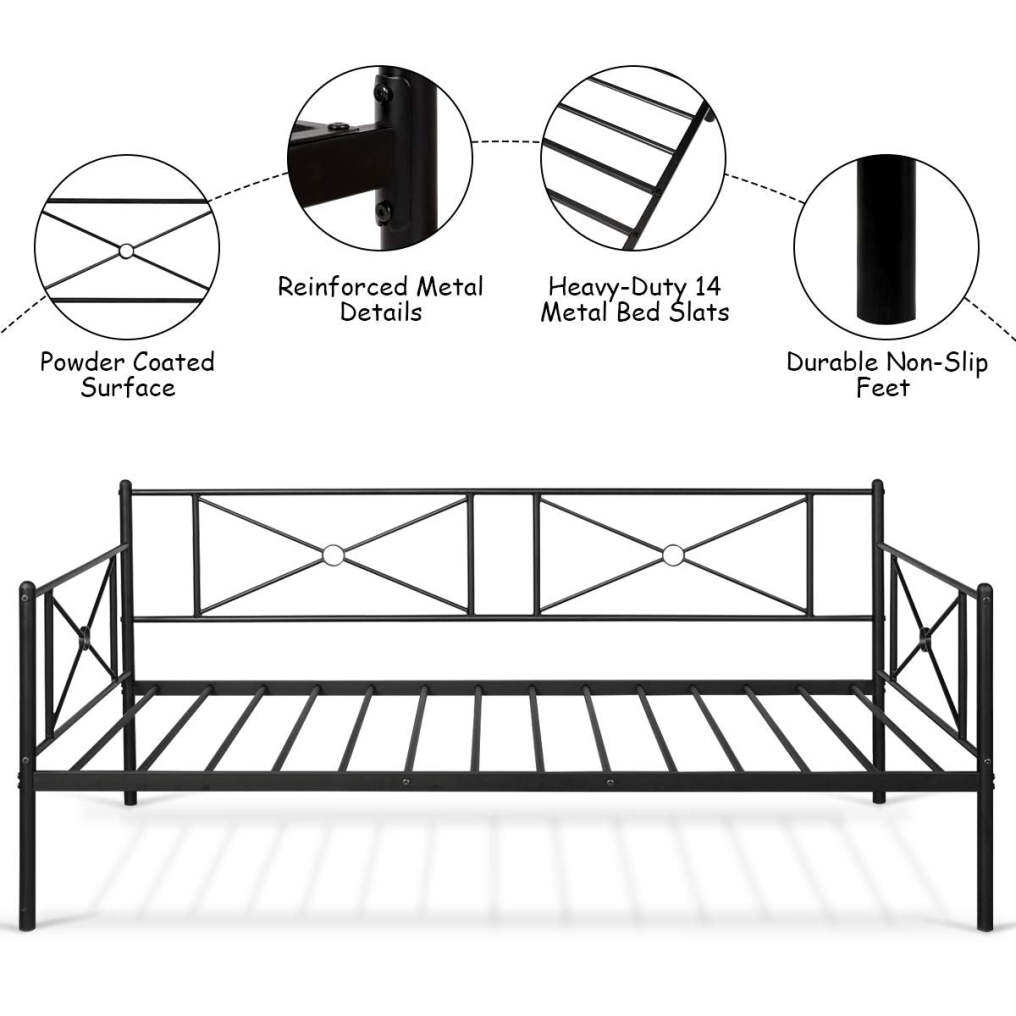 Metal Daybed Twin Bed Frame w/ Headboard, Stable Steel Slats Support