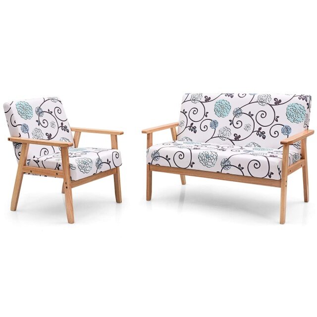 Mid-Century Upholstered Wooden Loveseat w/Rubber Wood