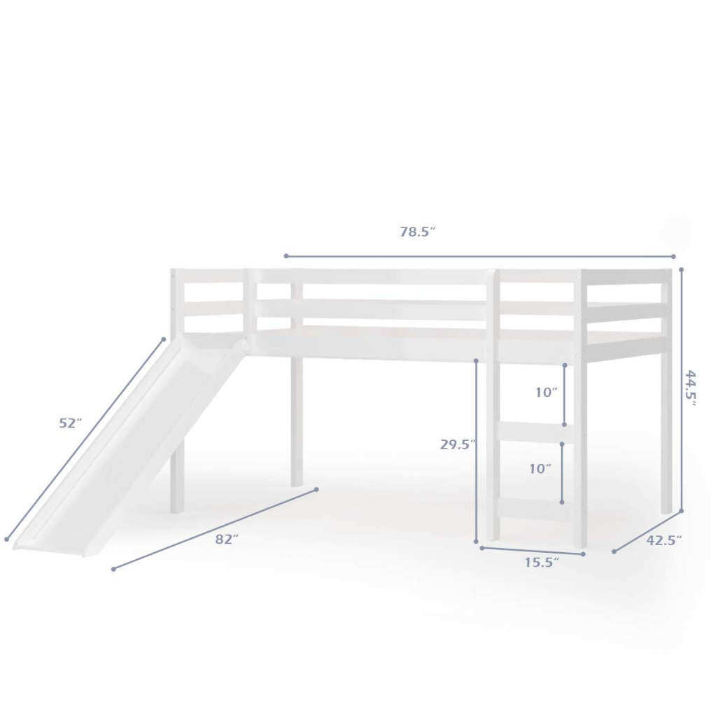 KOMFOTT Twin Loft Bed with Slide, Wood Low Loft Bed with Ladder & Guard Rail