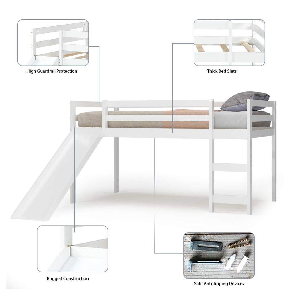 KOMFOTT Twin Loft Bed with Slide, Wood Low Loft Bed with Ladder & Guard Rail