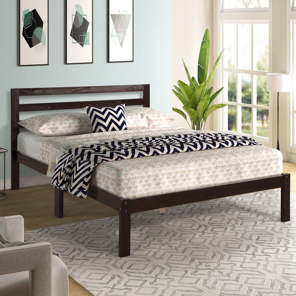 Modern Wood Platform Bed Frame w/ Headboard, Mattress Foundation Full 8-Bar Slat Better Support
