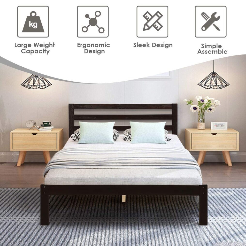 Modern Wood Platform Bed Frame w/ Headboard, Mattress Foundation Full 8-Bar Slat Better Support