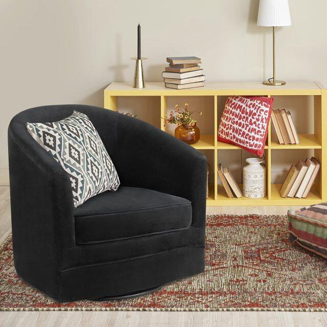 Velvet Round Barrel Chair, with 360-Degree Swivel Metal Base, Black