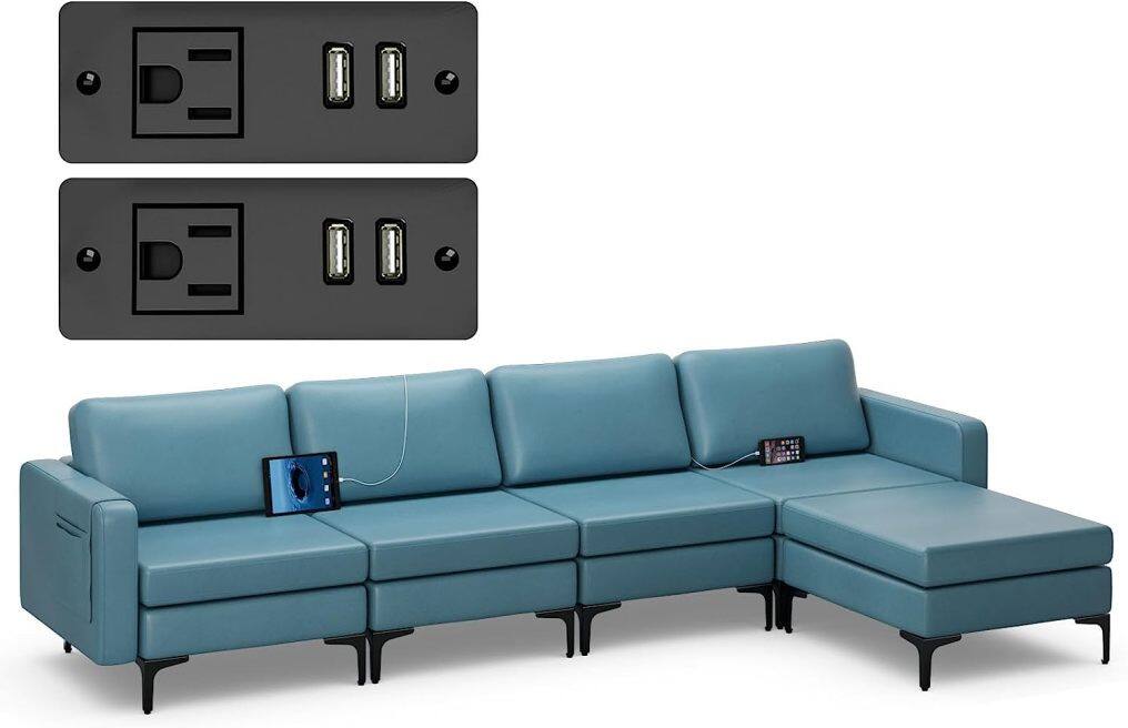 Modern Oversized Modular Sectional Sofa, 4-Seat Fabric Chaise Lounge Sleeper with Built-in Sockets & USB Ports