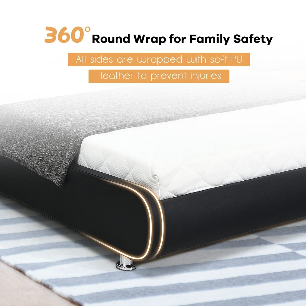 Bed Frame, Upholstered Mattress Foundation with Adjustable Headboard, Faux Leather Platform Bed