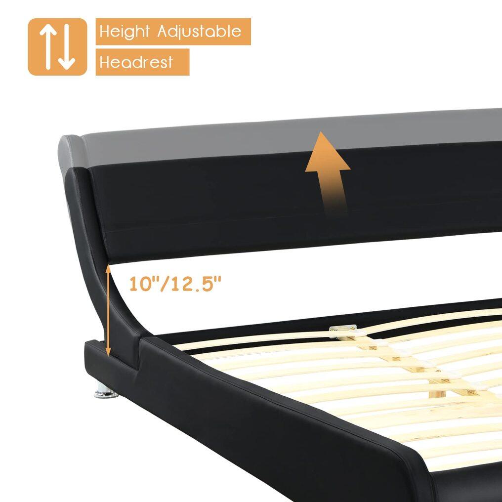 Bed Frame, Upholstered Mattress Foundation with Adjustable Headboard, Faux Leather Platform Bed