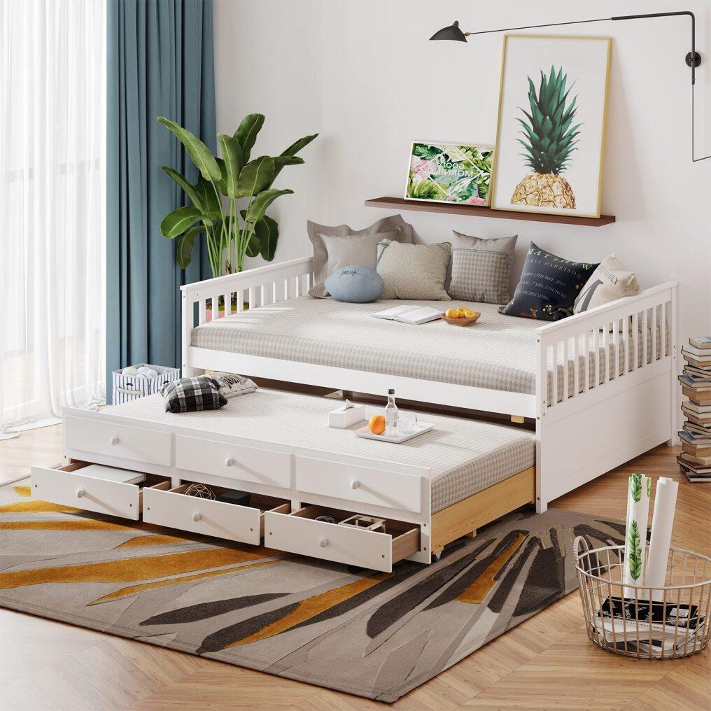 KOMFOTT Wood Full Trundle Bed with Storage Drawers, Daybed with Trundle
