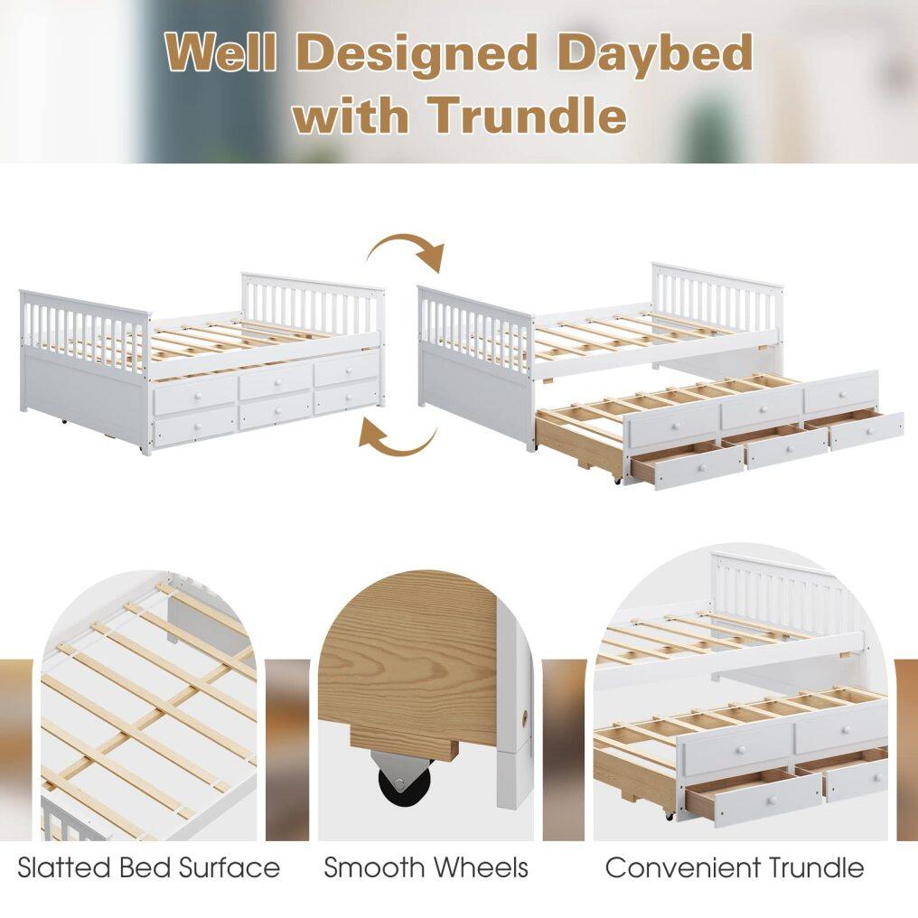 KOMFOTT Wood Full Trundle Bed with Storage Drawers, Daybed with Trundle