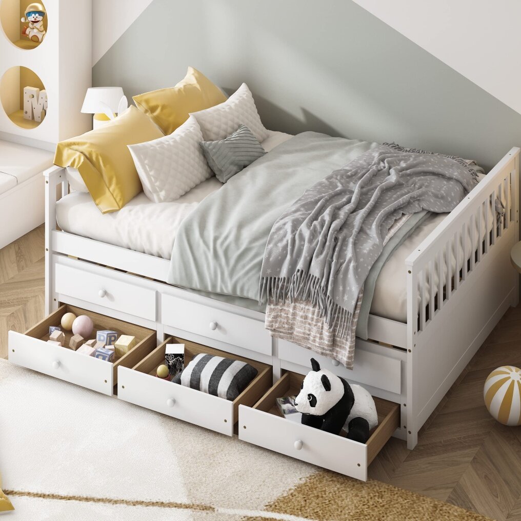KOMFOTT Wood Full Trundle Bed with Storage Drawers, Daybed with Trundle