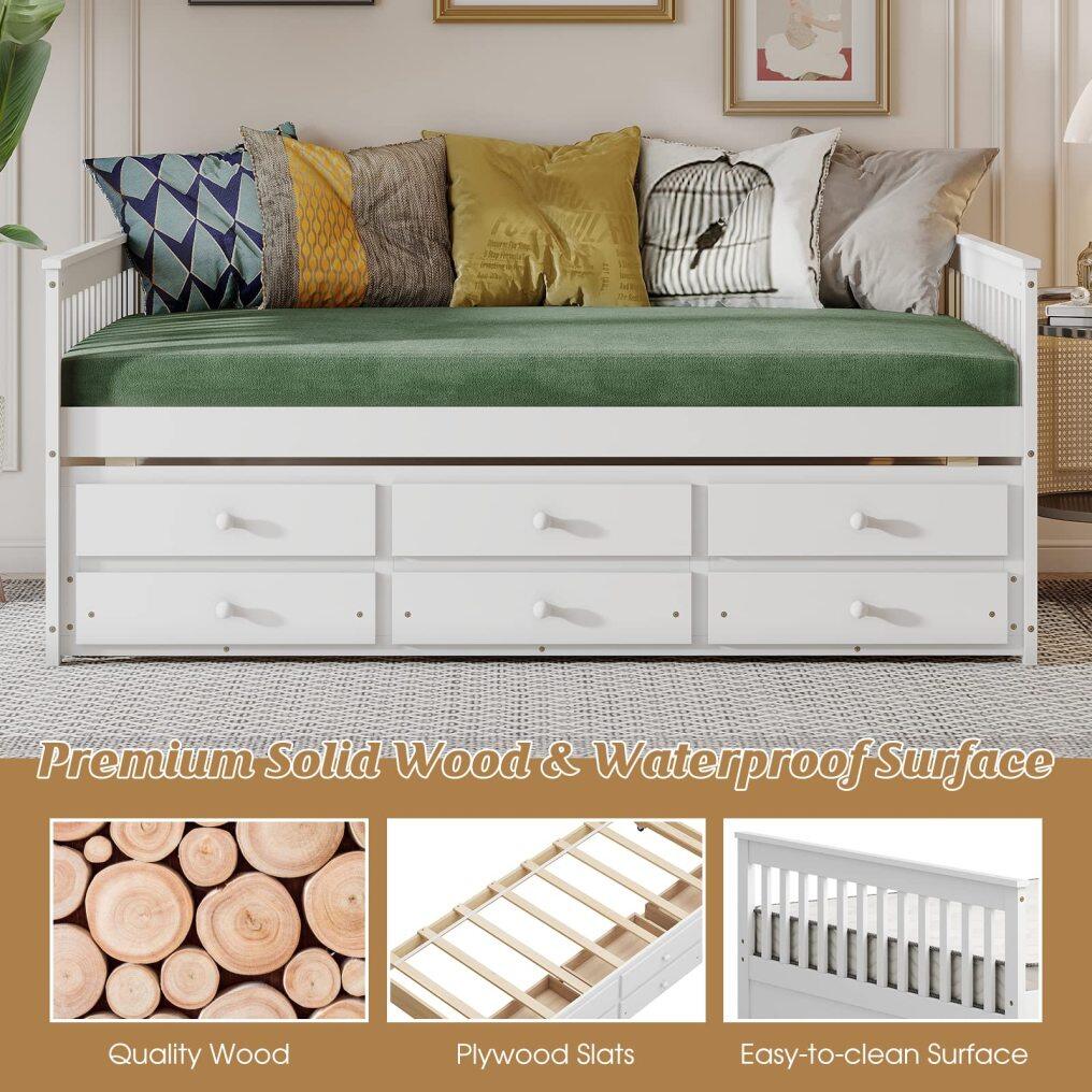 KOMFOTT Wood Full Trundle Bed with Storage Drawers, Daybed with Trundle