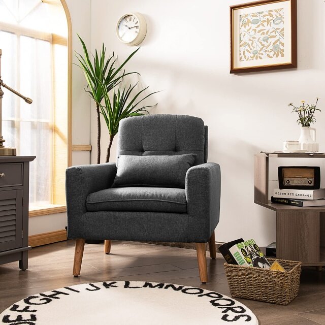 Upholstered Accent Chair, Linen Fabric Single Sofa Armchair w/Waist Pillow