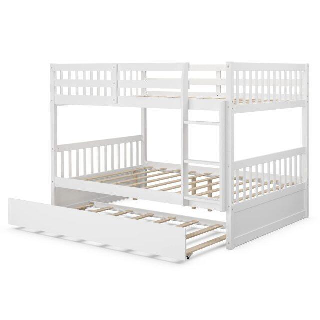 Bunk Bed with Trundle, Full Over Full Bunk Beds with Ladder, Solid Wood Trundle Bed with Rails