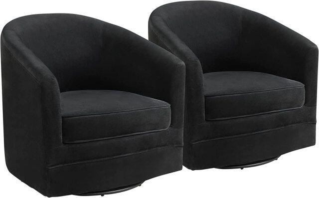 Velvet Round Barrel Chair, with 360-Degree Swivel Metal Base, Black