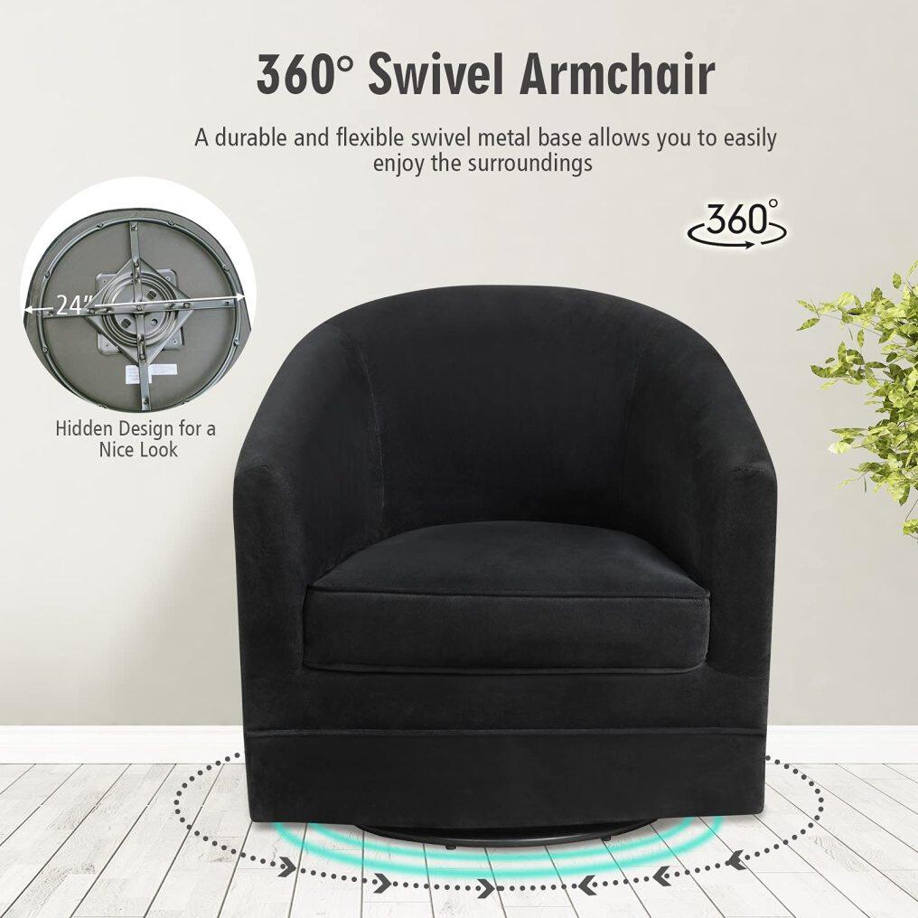 Velvet Round Barrel Chair, with 360-Degree Swivel Metal Base, Black