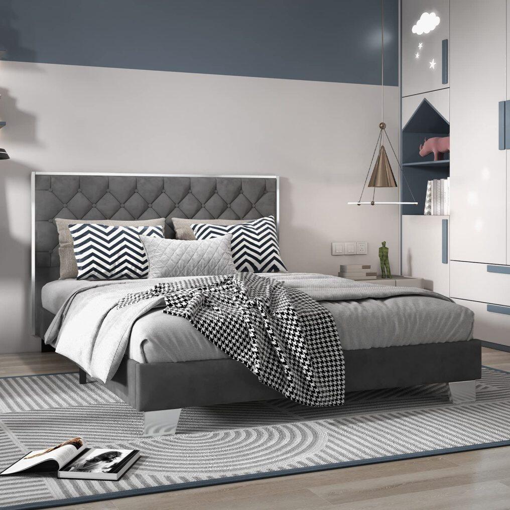 KOMFOTT Queen Full Size Upholstered Bed Frame, Platform Bed Frame with Button Tufted Headboard