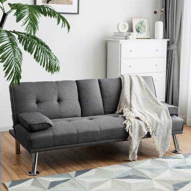 Modern Convertible Linen Upholstered Futon Sofa Bed w/ Metal Leg