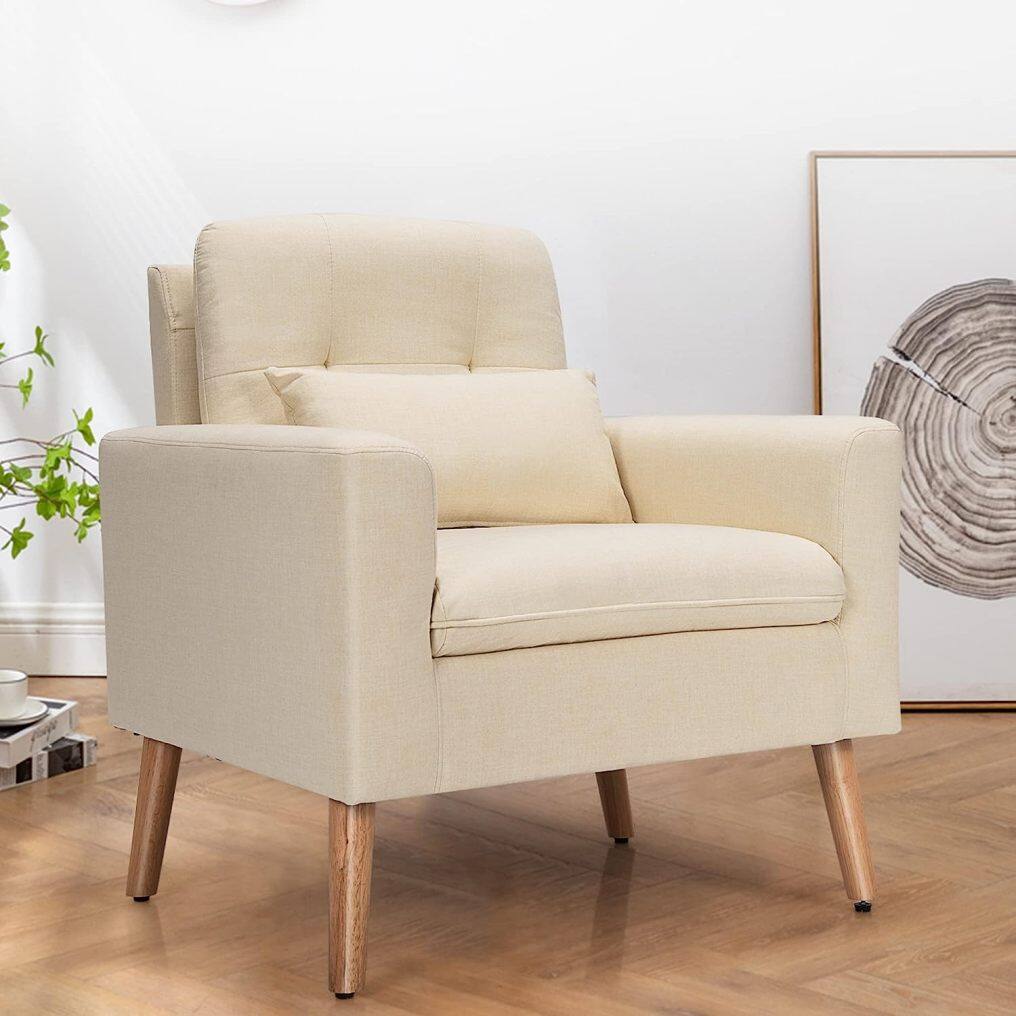 Upholstered Accent Chair, Linen Fabric Single Sofa Armchair w/Waist Pillow