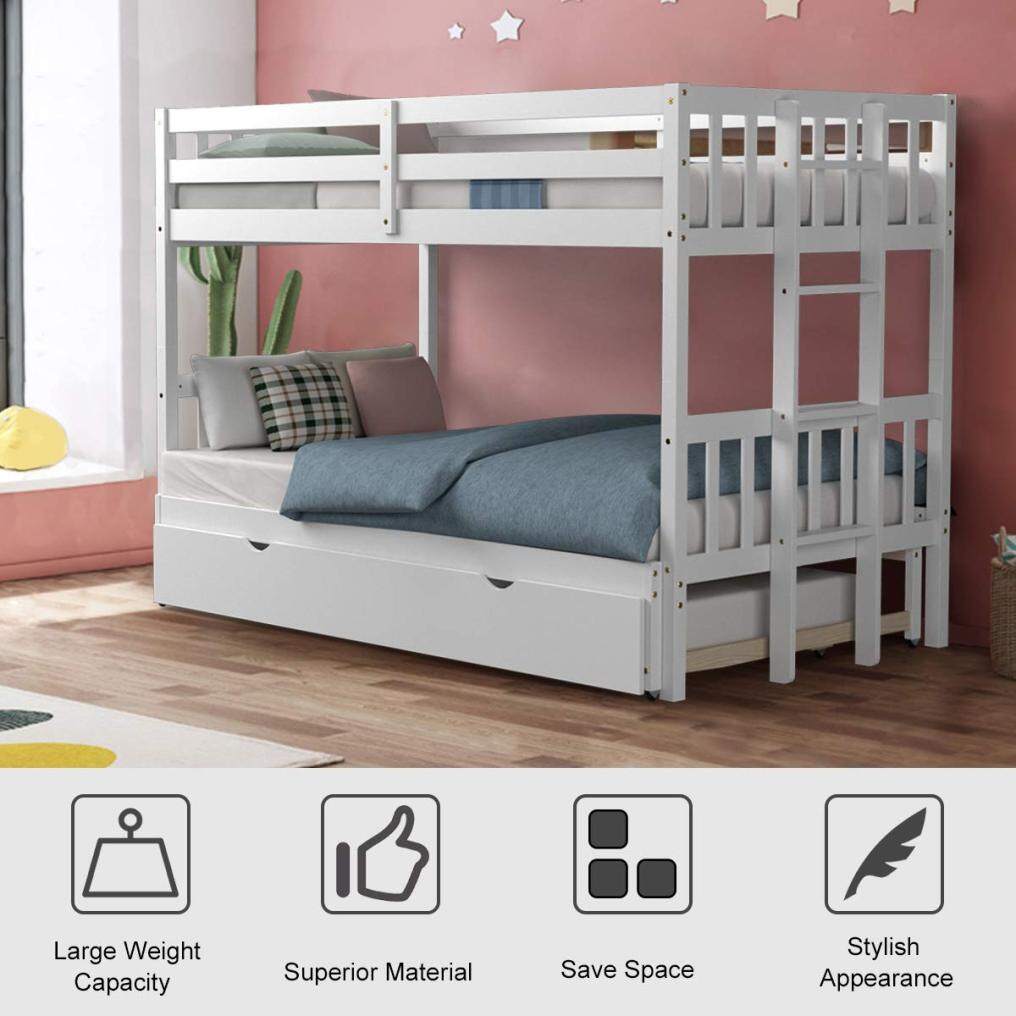 Over Pull-Out Bunk Bed with Trundle, Solid Wood Bunk Bed with Ladder