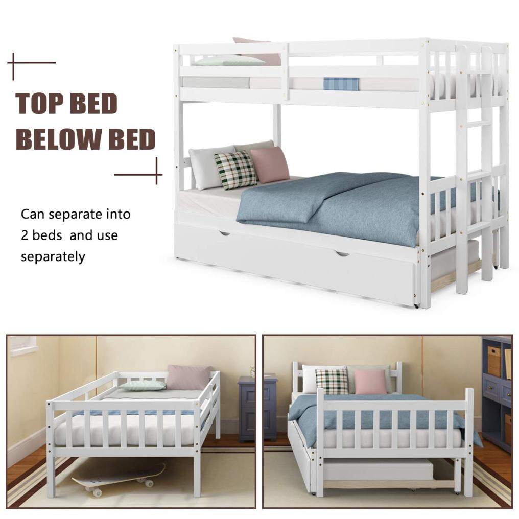 Over Pull-Out Bunk Bed with Trundle, Solid Wood Bunk Bed with Ladder