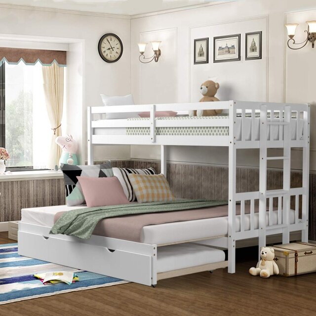 Over Pull-Out Bunk Bed with Trundle, Solid Wood Bunk Bed with Ladder